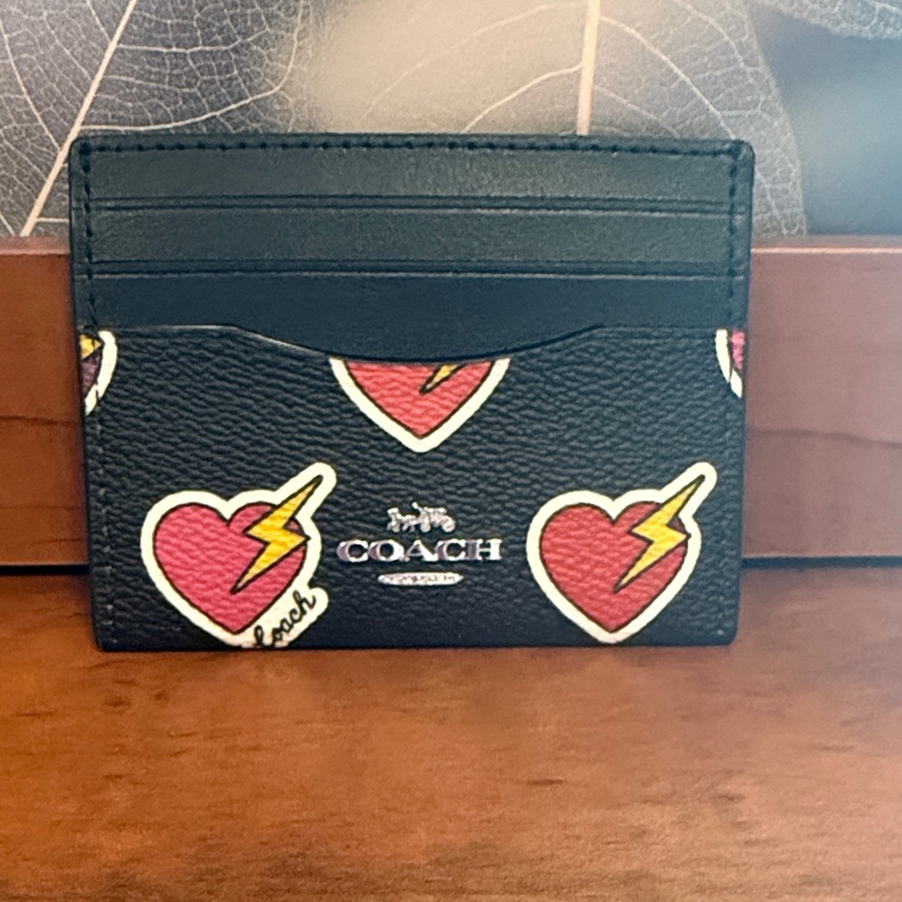 Coach Black Leather Card Holder with Pink Heart and Yellow Lightning Motif